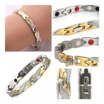 Pulseira Trançada Detalhes Folheados a Ouro 18K Magnética Aço Inox