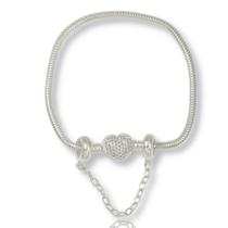 Pulseira Trava Berloqueira Fecho Coração Cravejada Prata 925 Pulseira Trava Berloqueira Fecho Coração Cravejada Prata 925
