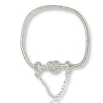 Pulseira Trava Berloqueira Fecho Coração Cravejada Prata 925 Pulseira Trava Berloqueira Fecho Coração Cravejada Prata 925