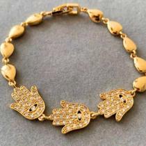 Pulseira Três Mãos de Fátima Hamsa Banhada Ouro 18k - Aço Inox