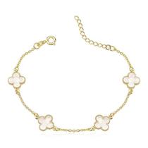 Pulseira Trevo de Quatro Folhas Perolada Folheada a Ouro 18k
