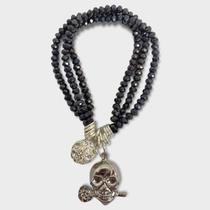 Pulseira tripla pingente Cranio com rosa cristal cor grafite e silicone