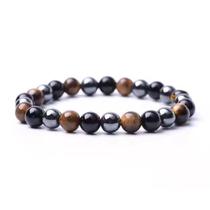 Pulseira Tripla Proteção Hematita Ônix Olho de Tigre 8mm Pedra Natural Unisex