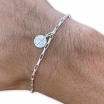 Pulseira Veneziana 2mm Medalha São Bento Prata 925 Legítima