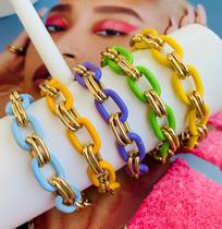 Pulseiras coloridas pintada com detalhes em elos duplo banhado ouro e prata
