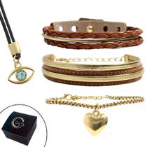 Pulseiras Femininas Couro OLHO GREGO Kit C/03 + Colar