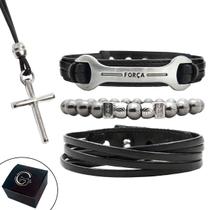 Pulseiras Masc Couro FORÇA Kit C03 + Colar Cruz Pulseiras Masc Couro FORÇA Kit C03 + Colar Cruz