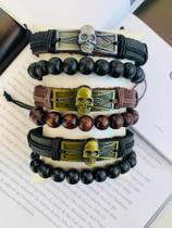 Pulseiras Masculina de Couro Unissex kit de pulseiras Caveira e Miçangas 2 peças