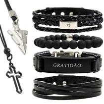 Pulseiras Masculinas Ajustáveis Kit C/4 GRATIDÃO + 2 Colares Cruz e Flecha Premium