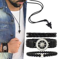 Pulseiras Masculinas Couro BÚSSOLA Kit C / 03 + Colar Ponta de Flecha Lindos