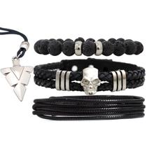 Pulseiras Masculinas Couro Caveira Prata Kit C / 03 + Colar Ponta de Flecha Pulseiras Masculinas Couro Caveira Prata Kit C / 03 + Colar Ponta de Flecha
