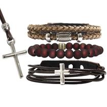 Pulseiras Masculinas Couro CRUZ Kit C / 03 + Colar Crucifixo Fé Pulseiras Masculinas Couro CRUZ Kit C / 03 + Colar Crucifixo Fé