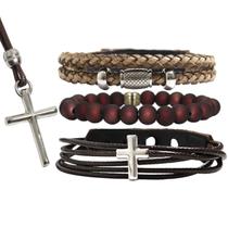 Pulseiras Masculinas Couro CRUZ Kit C / 03 + Colar Crucifixo Fé