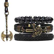 Pulseiras Masculinas Couro LEÃO PRETO Kit C / 03 + Colar Machado Viking Pulseiras Masculinas Couro LEÃO PRETO Kit C / 03 + Colar Machado Viking