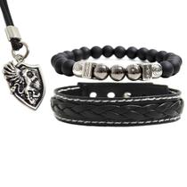 Pulseiras Masculinas COURO TRANÇADO Kit C / 02 + Colar Hipogrifo Mitologia