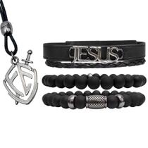 Pulseiras Masculinas de Couro Jesus Kit C / 03 + Colar FÉ