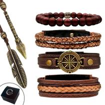 Pulseiras Masculinas Kit C/04 BÚSSOLA MARROM + 2 Colares Top de Linha
