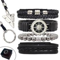 Pulseiras Masculinas Kit C/04 Bússola Preto + 2 Colares Top de Linha Pulseiras Masculinas Kit C/04 Bússola Preto + 2 Colares Top de Linha