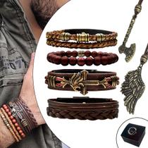 Pulseiras Masculinas Kit C/04 Leão Marrom + 2 Colares Machado Asas Top+ Pulseiras Masculinas Kit C/04 Leão Marrom + 2 Colares Machado Asas Top+