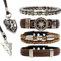 Pulseiras Masculinas Kit C/4 BÚSSOLA MARROM + 2 Colares Flecha Dragão Premium