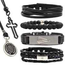 Pulseiras Masculinas Kit C/4 NOSSA SENHORA BLACK + 2 Colares Cruz Medalhão Premium