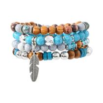 Pulseiras Masculinas Vintage Boêmia Multicamadas Com Contas De Pedra Turquesa Étnica E Folhas