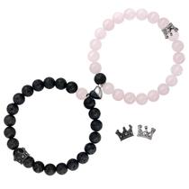 Pulseiras para casais Ymeeaa King & Queen Crown em quartzo preto e rosa Pulseiras para casais Ymeeaa King & Queen Crown em quartzo preto e rosa