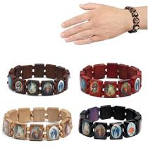 Pulseiras religiosas WBTY de madeira elásticas católicas, 4 peças