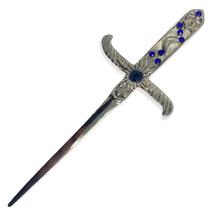 Punhal Metal Prata Brilhante Com Pedra Azul e Strass 19 Cm