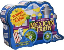 Puremco Mexican Train Double 12 Professional Size Dominoes com bônus Chickenfoot Jogo incluído Jogo de Tabuleiro de Lata de Viagem, 91 Telhas, Desafio, Jogo Divertido para Idades 6 Anos e Up