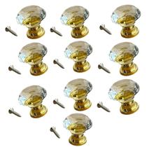 Puxador de Cristal com Base Dourada, Decorativo, para Armários e Gavetas, 10 Peças 25mm Puxador de Cristal com Base Dourada, Decorativo, para Armários e Gavetas, 10 Peças 25mm