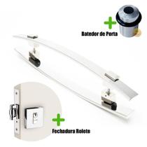 Puxador Porta (ALBA) Aço Inox Polido + fechadura rolete inox polido +Batedor de porta polido