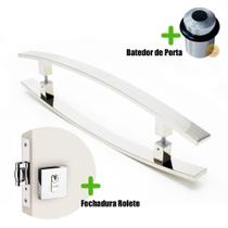 Puxador Porta (LUGUI) Aço Inox Polido + fechadura rolete inox polido + Batedor de porta polido