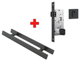 Puxador Porta Pivotante 60cm Preto Fosco Duplo + Fechadura Rolete Stam 803