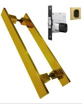 Puxador Porta Pivotante Inox Dourado Reto + Fechadura 80 Cm