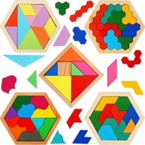 Puzzle Hexagonal de Madeira Jerify para Crianças - Pacote com 5 Unidades