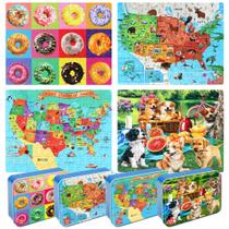 Puzzles LELEMON, pacote com 4, 100 peças para crianças de 4 a 6 com caixa de metal Puzzles LELEMON, pacote com 4, 100 peças para crianças de 4 a 6 com caixa de metal