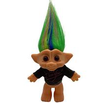 PVC Vintage Trolls Bonecas Lucky Doll Action Figures Cromatic Lovely for Collections, School Project, Arts and Crafts, Party Favors - 7.5" Tall (Include The Length of Hair) (Camiseta Preta)