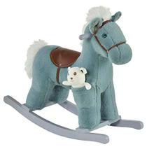 Qaba Kids Pelúcia Cavalo de Balanço com Brinquedo de Urso, Cadeira Infantil com Brinquedo de Pelúcia Suave e Sons Realistas Divertidos, Azul