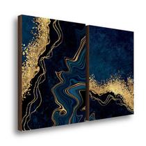 QADR07-Kit 2 Quadros Decorativos Mármore Abstrato Azul com Dourado 50x70cm