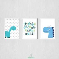 Quadrinho Infantil Dinossauro Azul - Kit com 3 Quadros 23x33 cm
