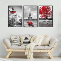 Quadro 3 peças decoração cidade Paris preta e vermelho - Ana Decor