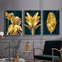Quadro 3 peças decoração folhas de ouro fundo azul - Ana Decor