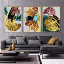 Quadro 3 peças decoração planta ginkgo biloba colorida