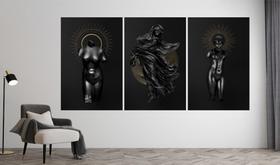 Quadro 3 peças Estatuas preto e dourado moderno