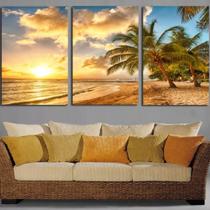 Quadro 3 Peças Praia Coqueiro Por Do Sol 120x60