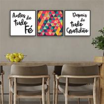 Quadro 30x30cm 3pçs Frase Geométrico Moldura Vidro