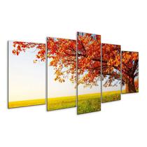 Quadro 5 Peças Árvore Folhas Vermelhas Paisagem Mosaico CO01