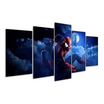 Quadro 5 Peças Homem Aranha Nuvens Noite Lua Castelo Mosaico