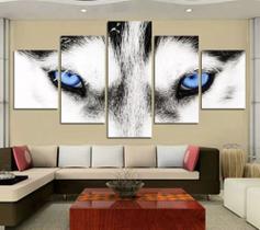 Quadro 5 Peças Mosaico Lobo Olho Azul Ultrahd Mdf 6mm